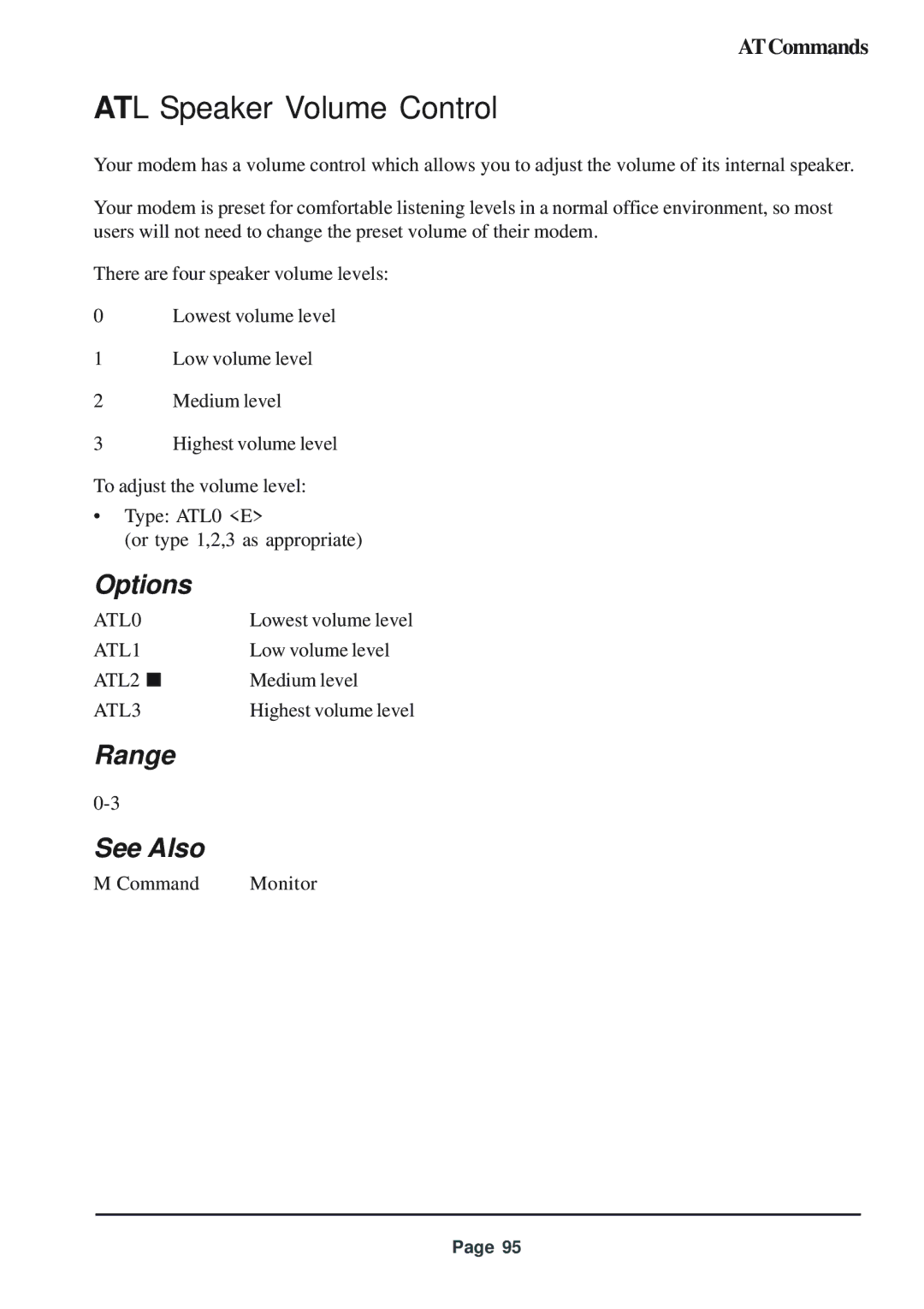 Telenetics 56 manual ATL Speaker Volume Control, Range See Also, ATL0, ATL1, ATL3 