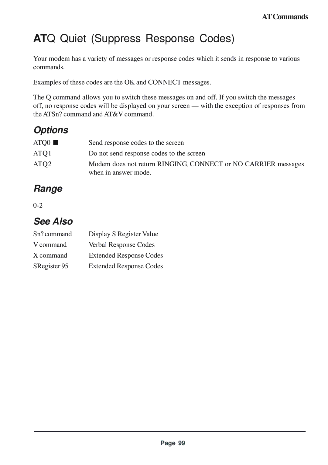 Telenetics 56 manual ATQ Quiet Suppress Response Codes, ATQ1, ATQ2 