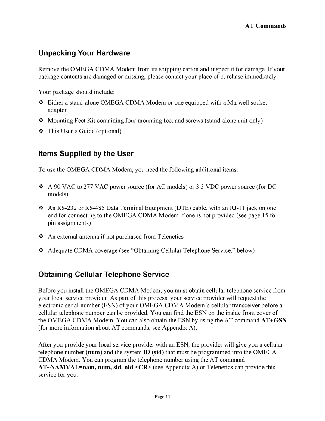 Telenetics CDMA Unpacking Your Hardware, Items Supplied by the User, Obtaining Cellular Telephone Service, AT Commands 