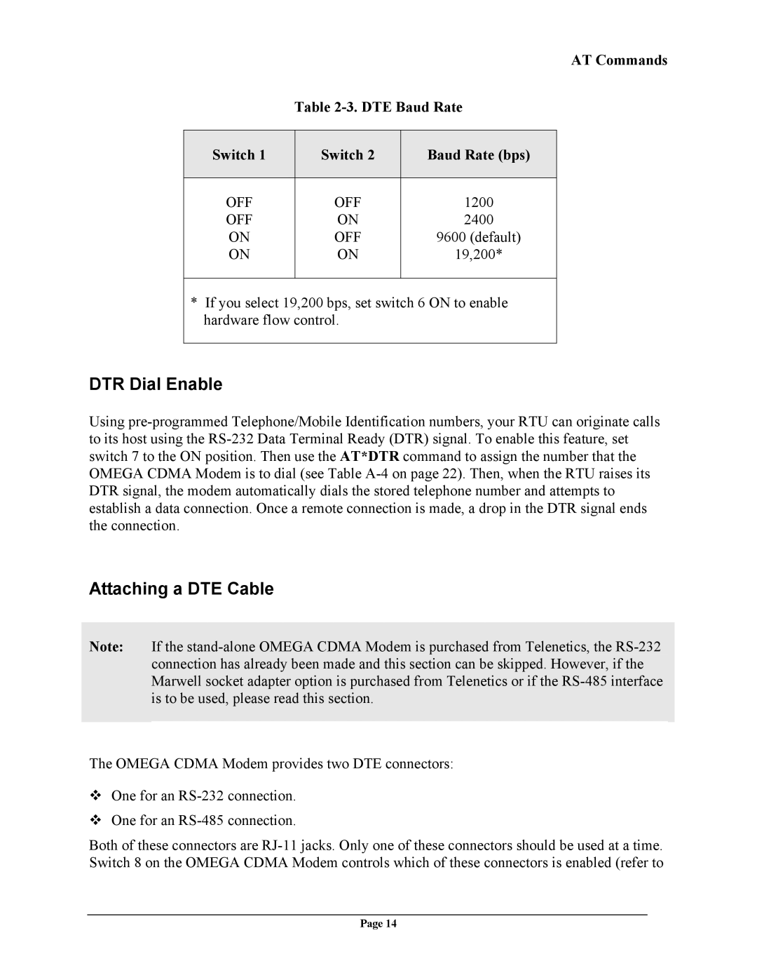 Telenetics CDMA manual DTR Dial Enable, Attaching a DTE Cable, AT Commands DTE Baud Rate Switch Baud Rate bps, Off 