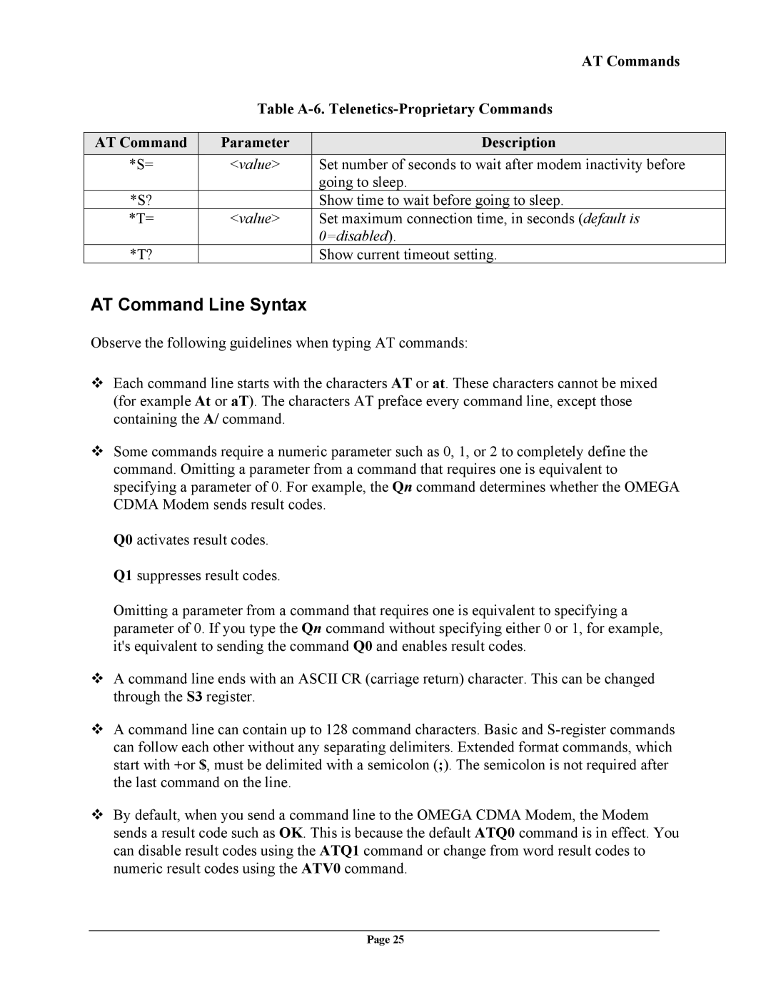 Telenetics CDMA manual AT Command Line Syntax, Table A-6. Telenetics-Proprietary Commands 