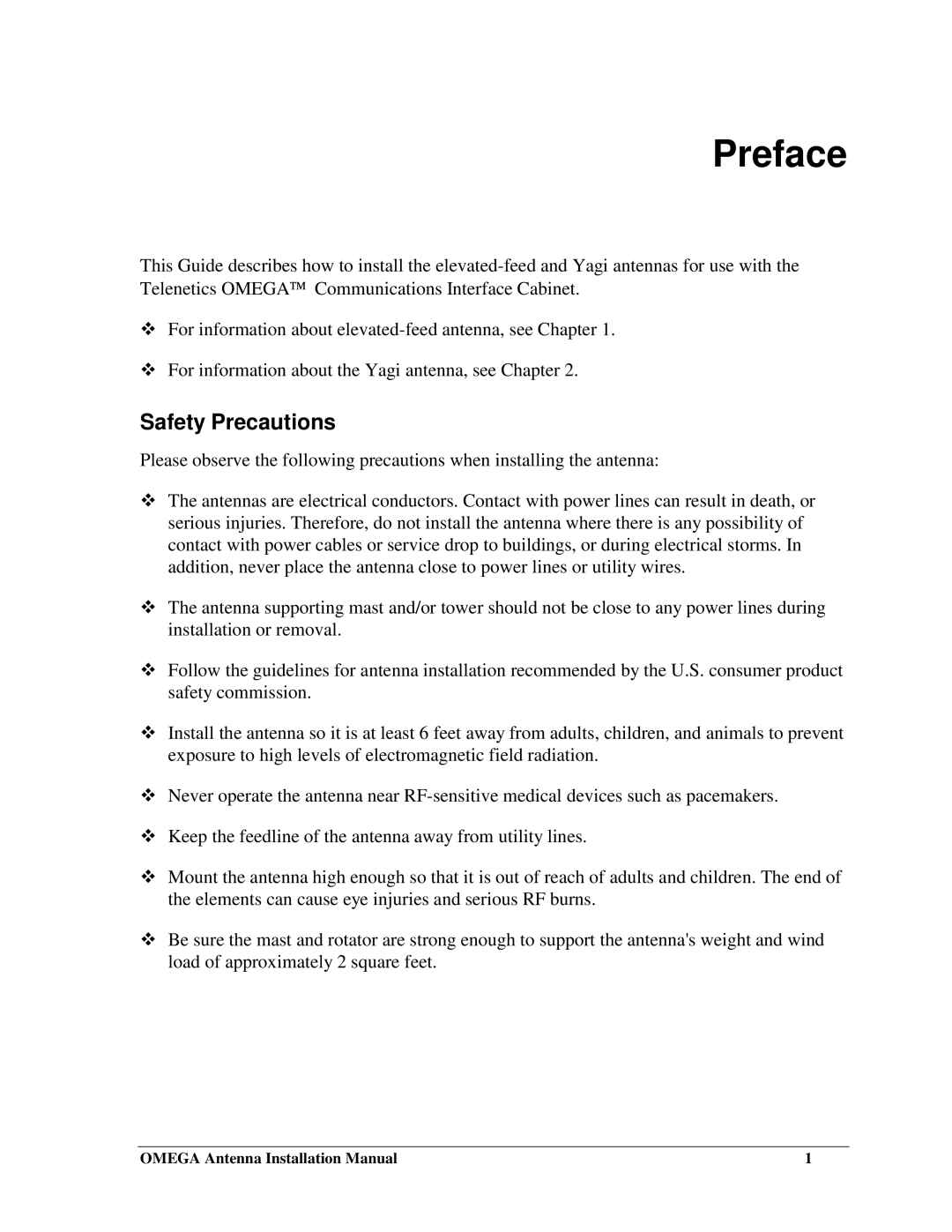 Telenetics Communications and Interface Cabinet Antenna installation manual Preface, Safety Precautions 