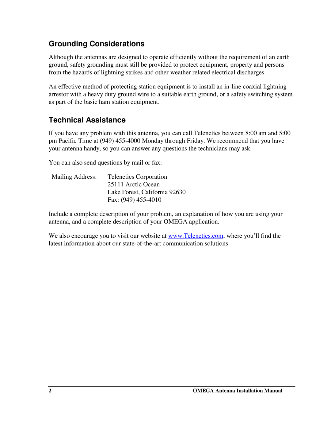 Telenetics Communications and Interface Cabinet Antenna installation manual Grounding Considerations, Technical Assistance 