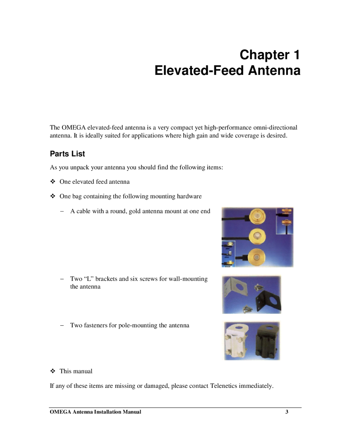 Telenetics Communications and Interface Cabinet Antenna installation manual Chapter Elevated-Feed Antenna, Parts List 