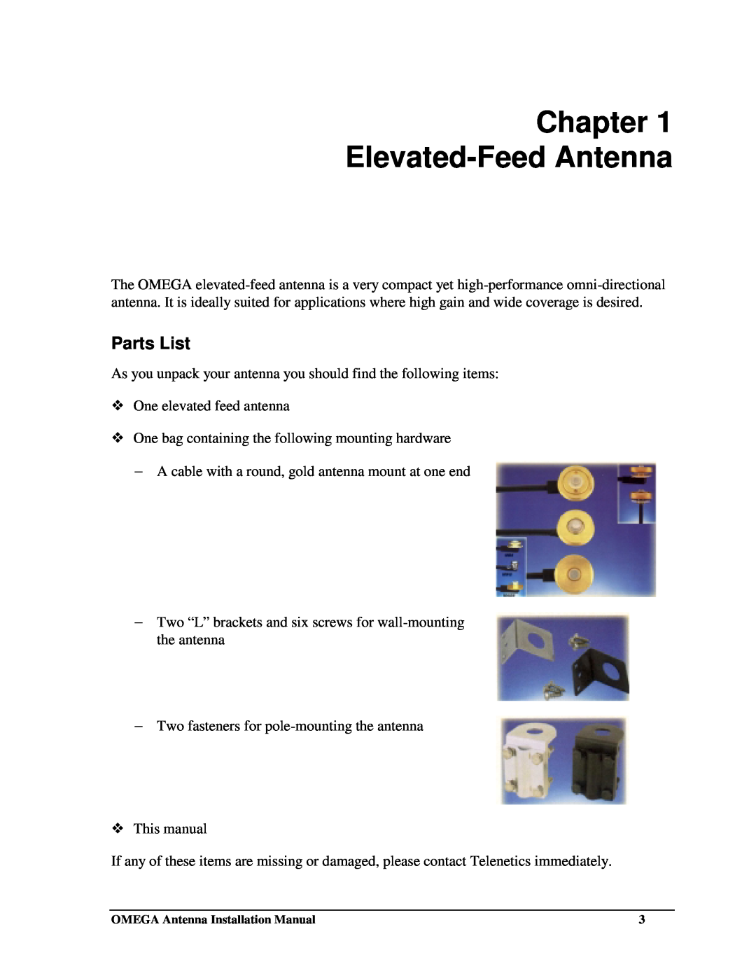 Telenetics Communications and Interface Cabinet Antenna installation manual Chapter Elevated-FeedAntenna, Parts List 