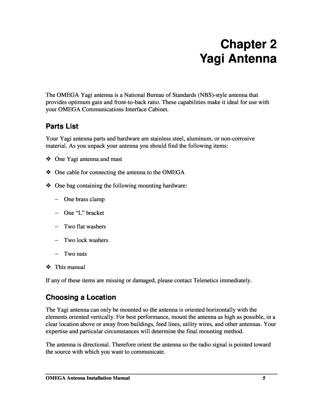 Telenetics Communications and Interface Cabinet Antenna Chapter Yagi Antenna, Parts List, Choosing a Location 