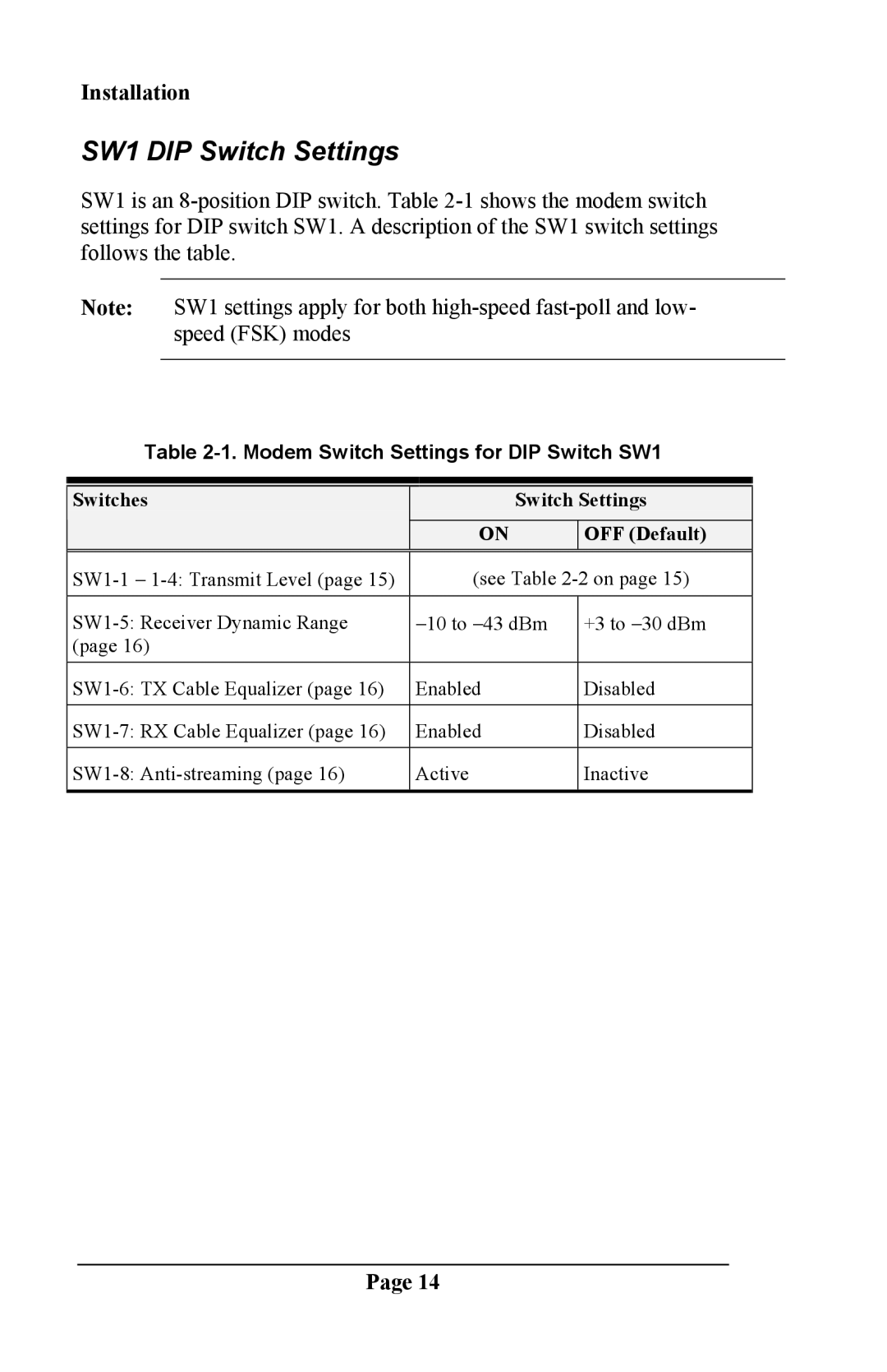 Telenetics DSP 9612 manual SW1 DIP Switch Settings 