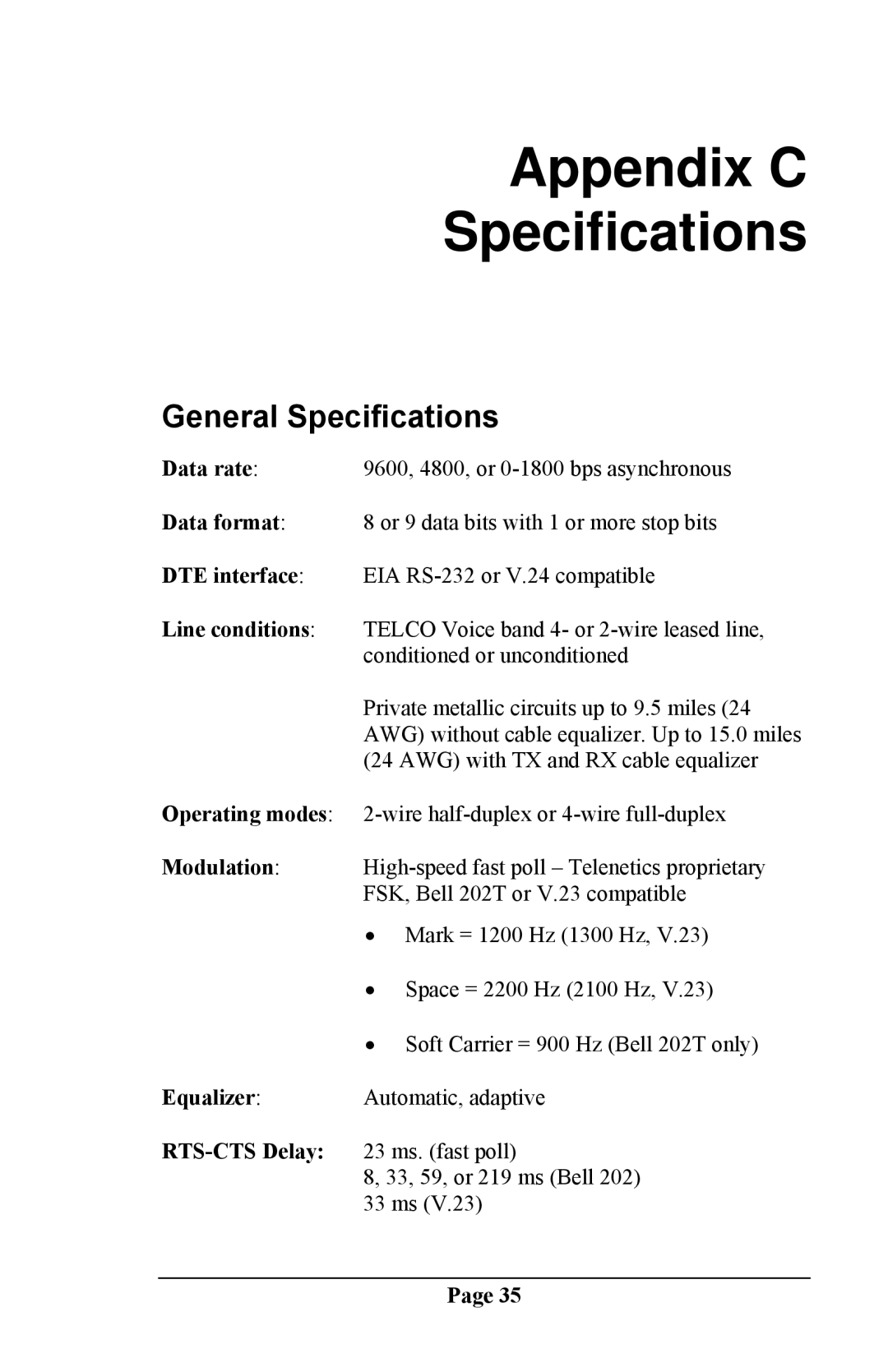 Telenetics DSP 9612 manual Appendix C Specifications, General Specifications 