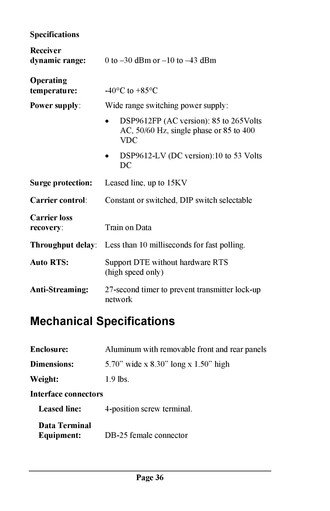 Telenetics DSP 9612 manual Mechanical Specifications, Power supply 