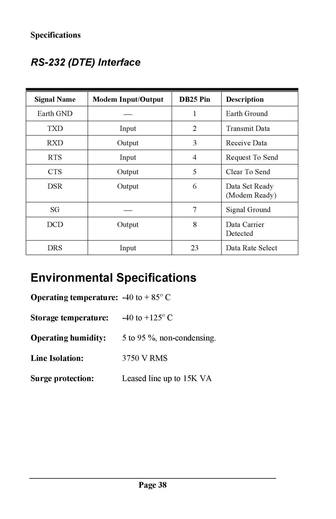 Telenetics DSP 9612 manual Environmental Specifications, RS-232 DTE Interface 