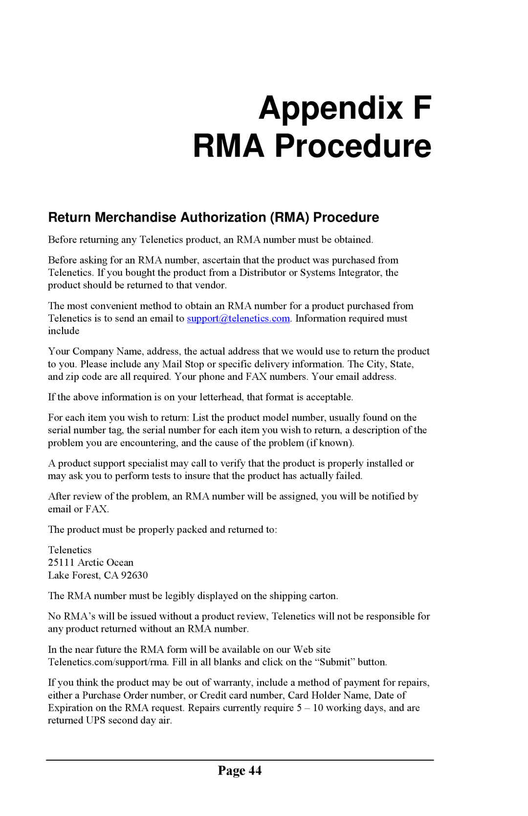 Telenetics DSP 9612 manual Appendix F RMA Procedure, Return Merchandise Authorization RMA Procedure 