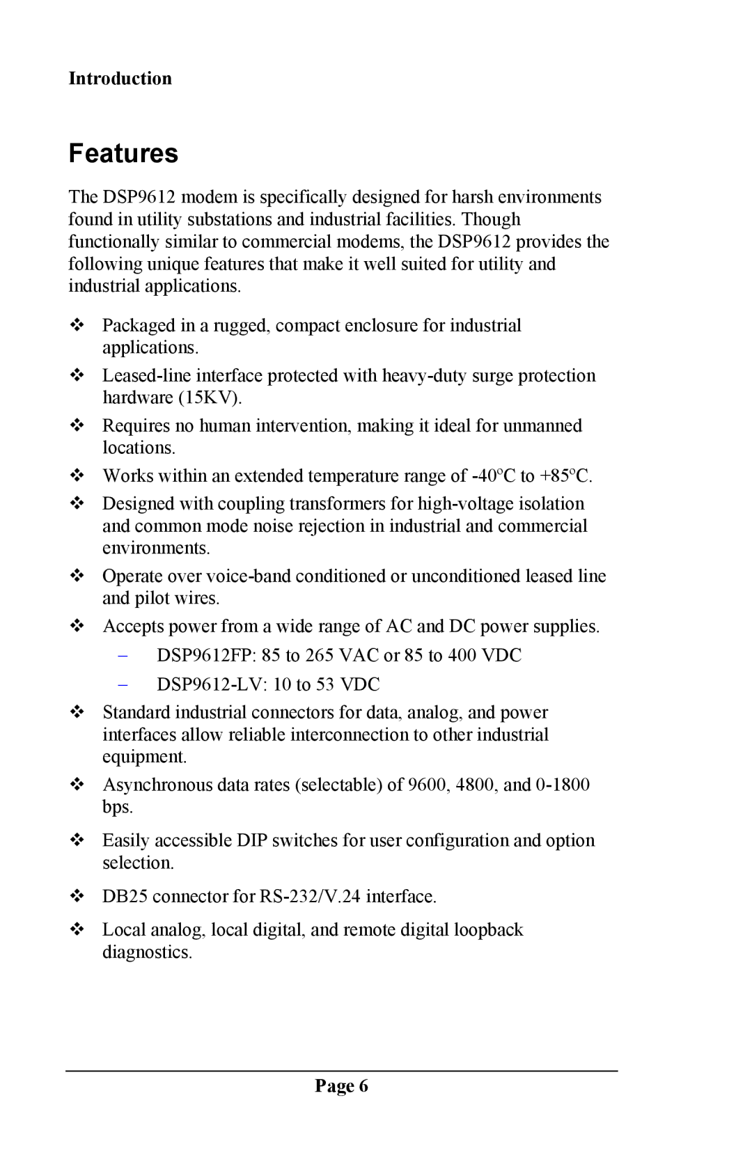 Telenetics DSP 9612 manual Features 