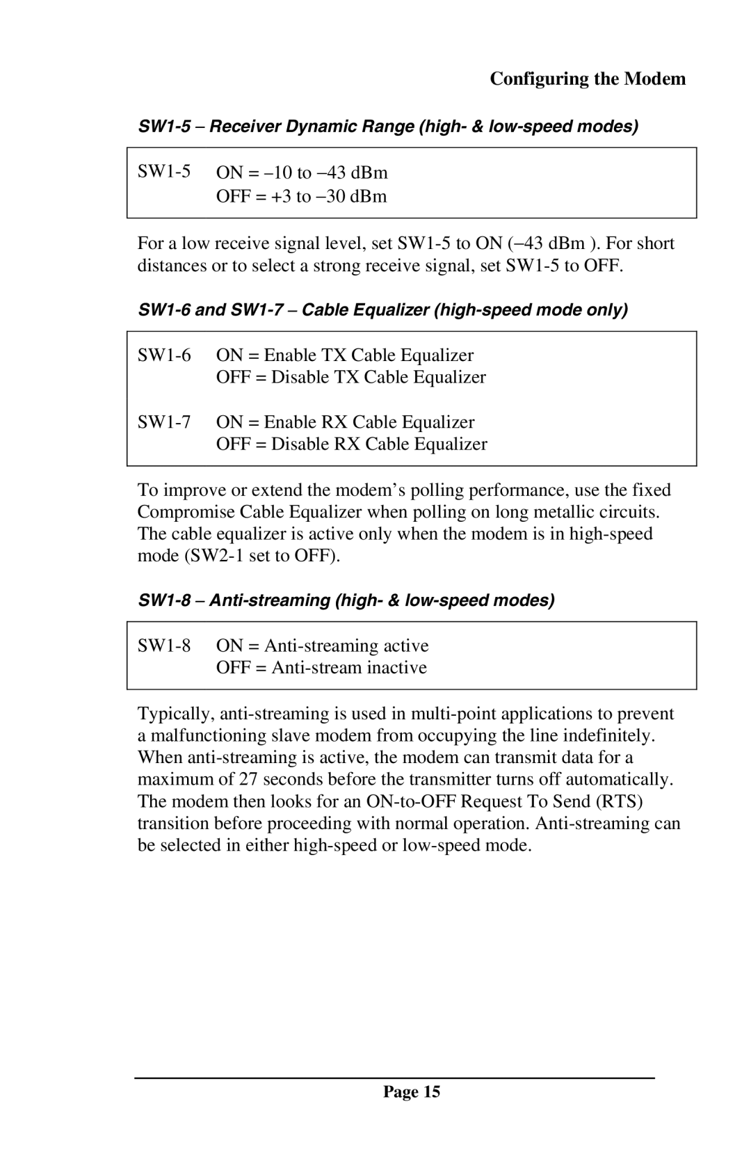 Telenetics DSP9612RM manual SW1-5 − Receiver Dynamic Range high- & low-speed modes 