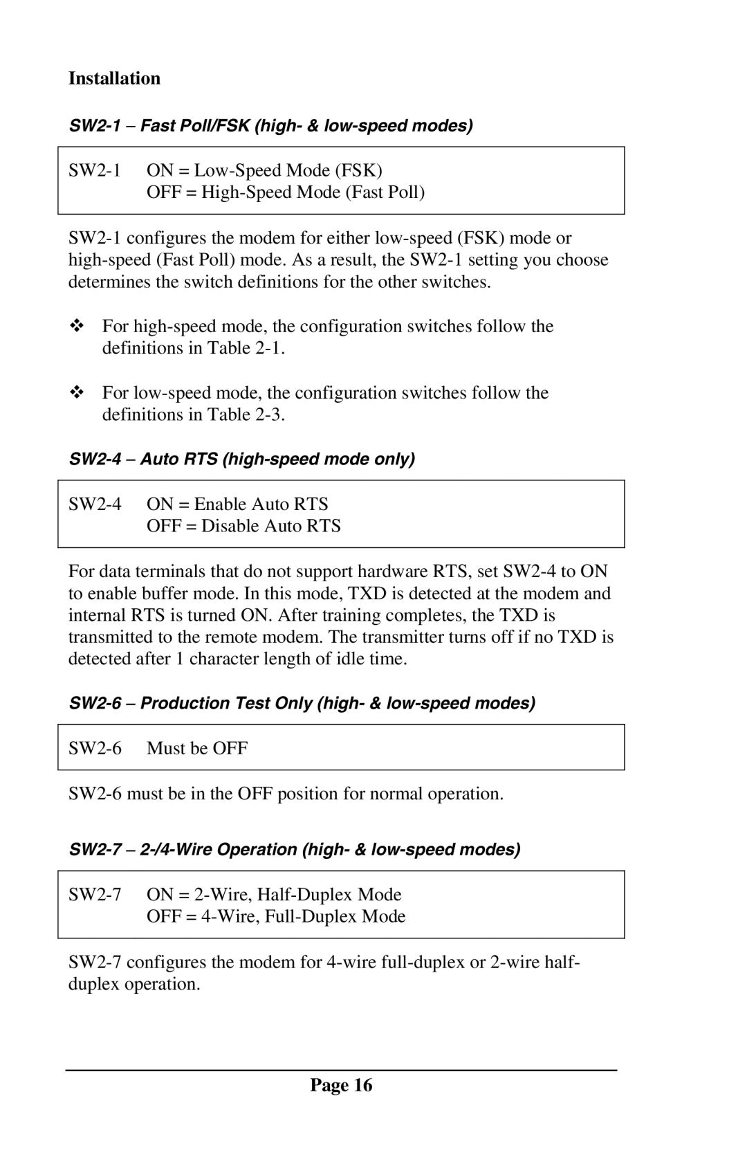 Telenetics DSP9612RM manual SW2-1 − Fast Poll/FSK high- & low-speed modes 