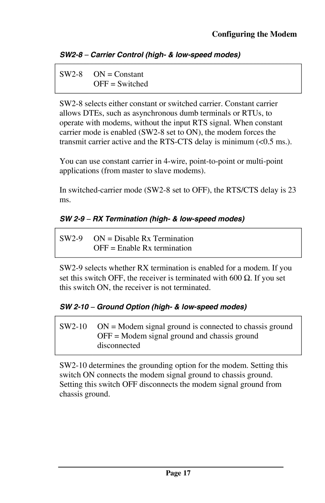 Telenetics DSP9612RM manual SW2-8 − Carrier Control high- & low-speed modes 