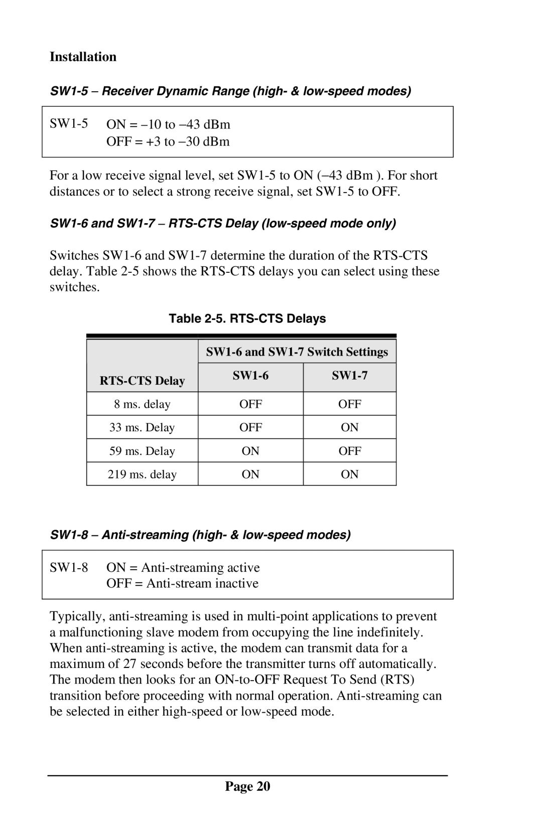 Telenetics DSP9612RM manual SW1-6 and SW1-7 − RTS-CTS Delay low-speed mode only 