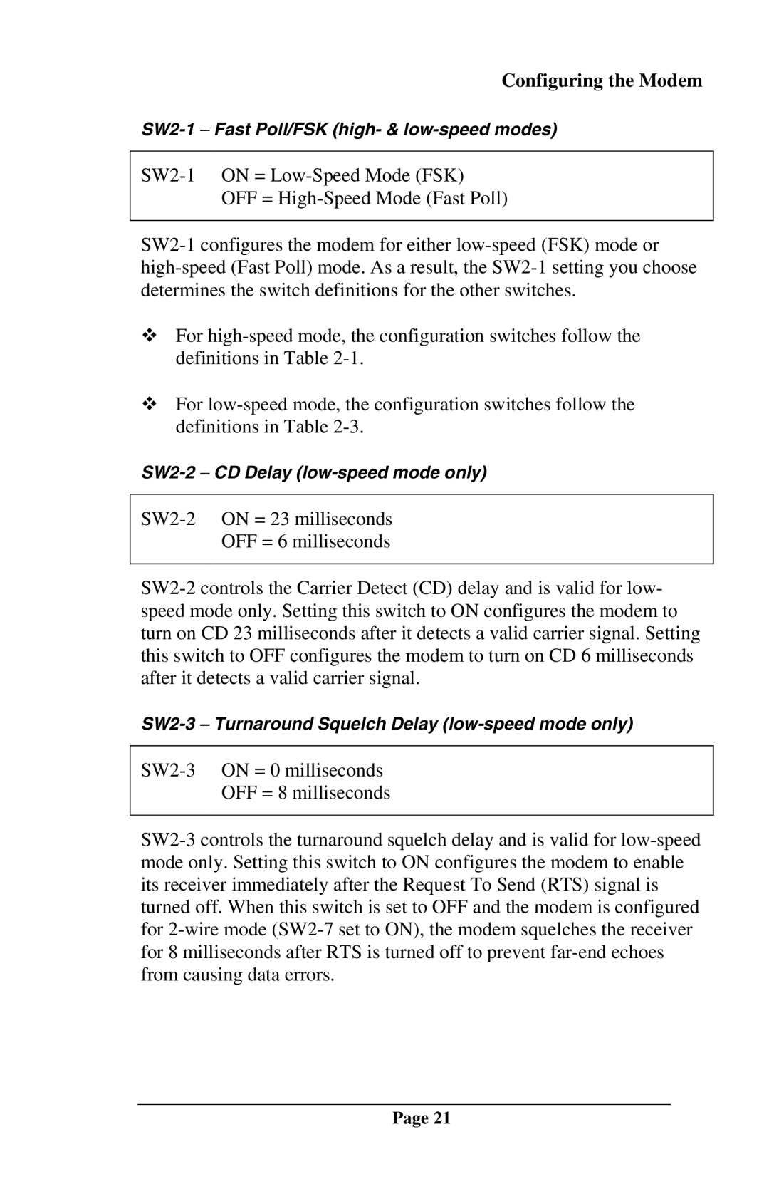 Telenetics DSP9612RM manual SW2-2 − CD Delay low-speed mode only 