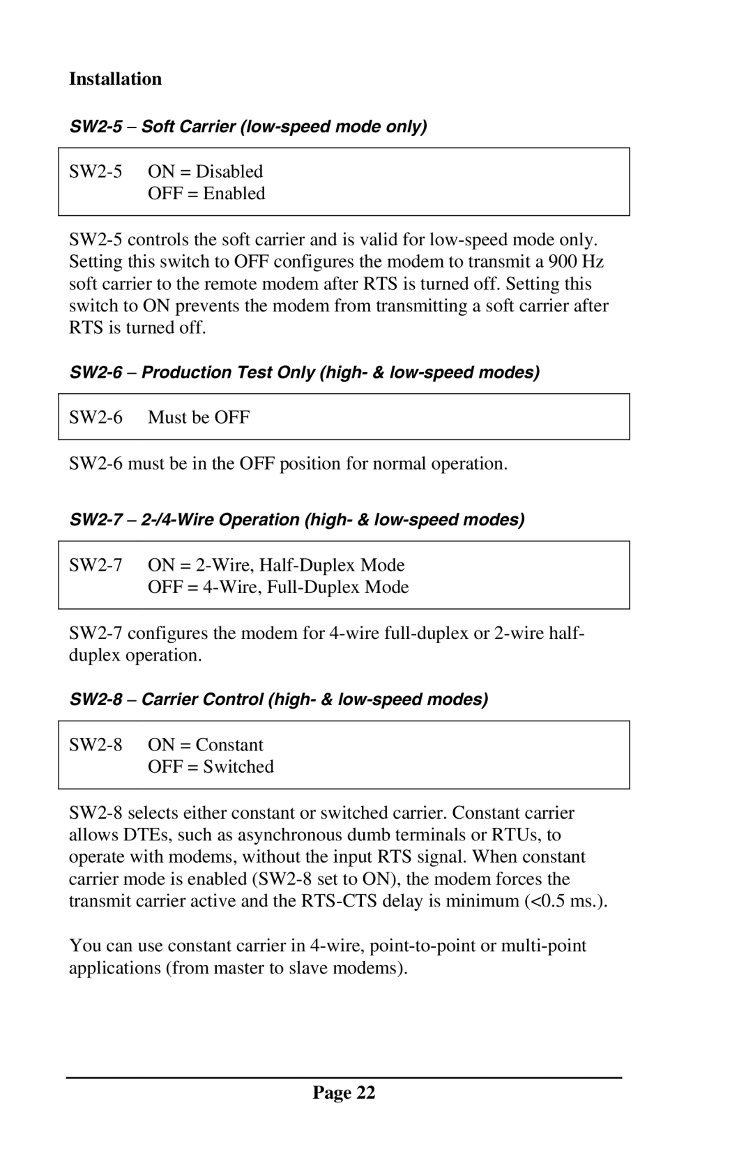 Telenetics DSP9612RM manual SW2-5 − Soft Carrier low-speed mode only 