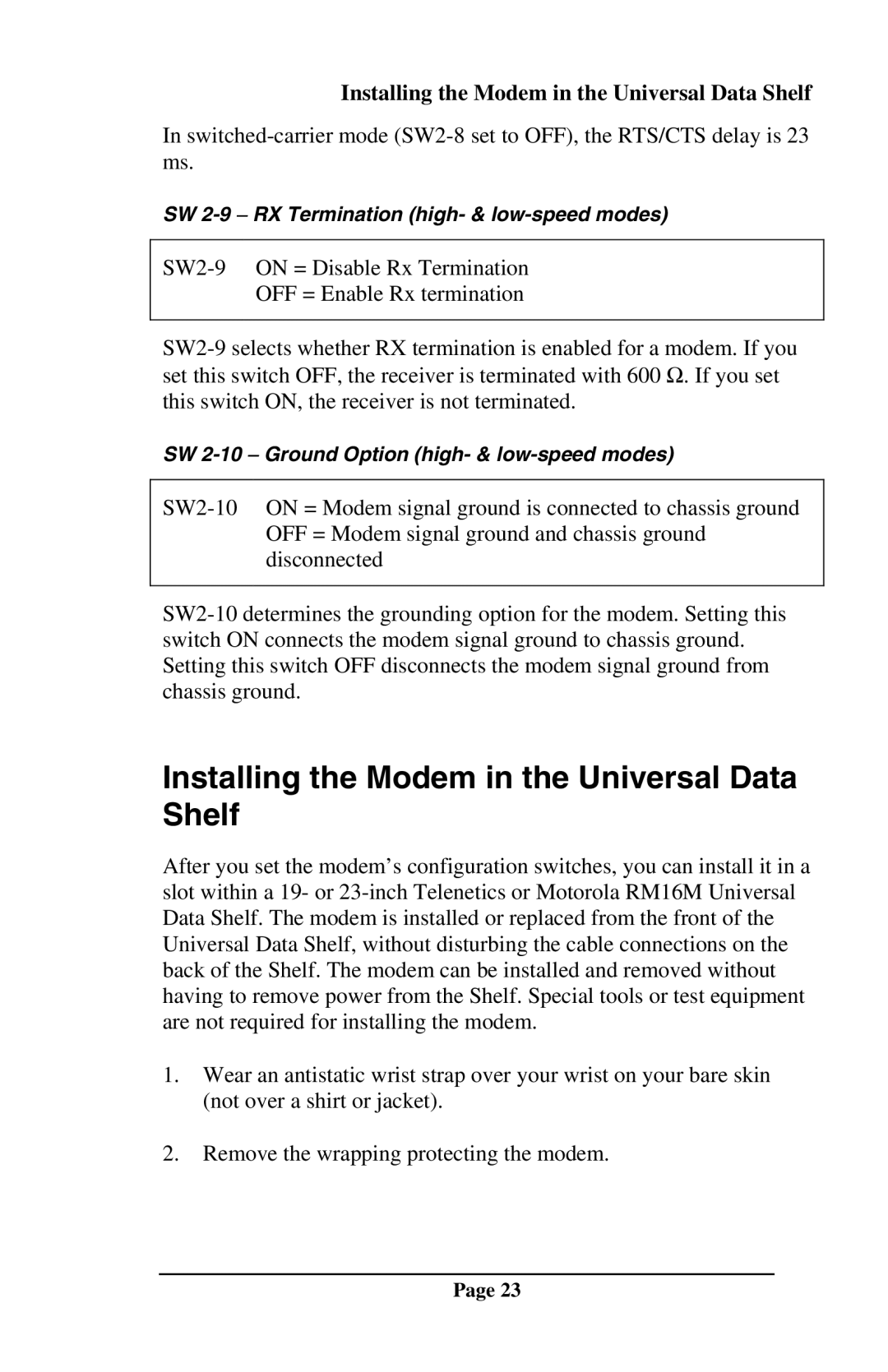 Telenetics DSP9612RM manual Installing the Modem in the Universal Data Shelf 