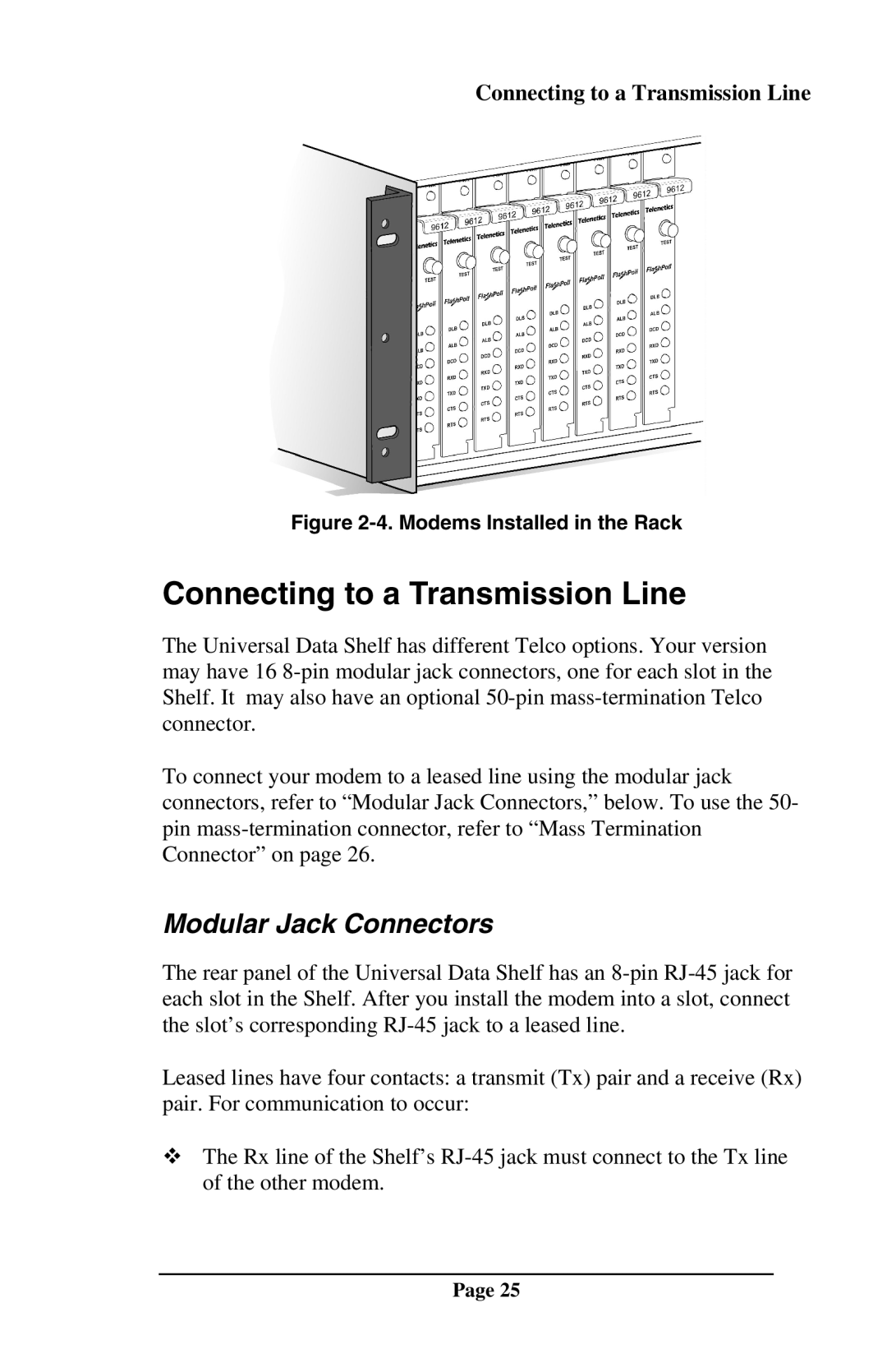 Telenetics DSP9612RM manual Connecting to a Transmission Line, Modular Jack Connectors 