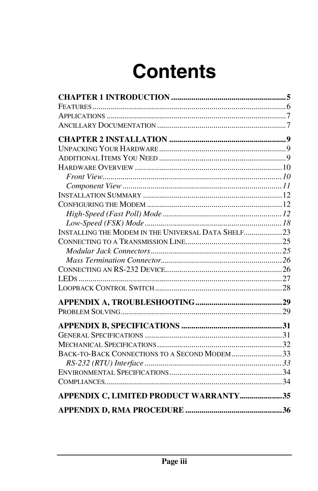 Telenetics DSP9612RM manual Contents 