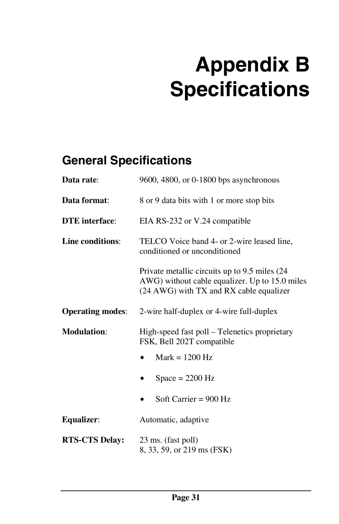 Telenetics DSP9612RM manual Appendix B Specifications, General Specifications 