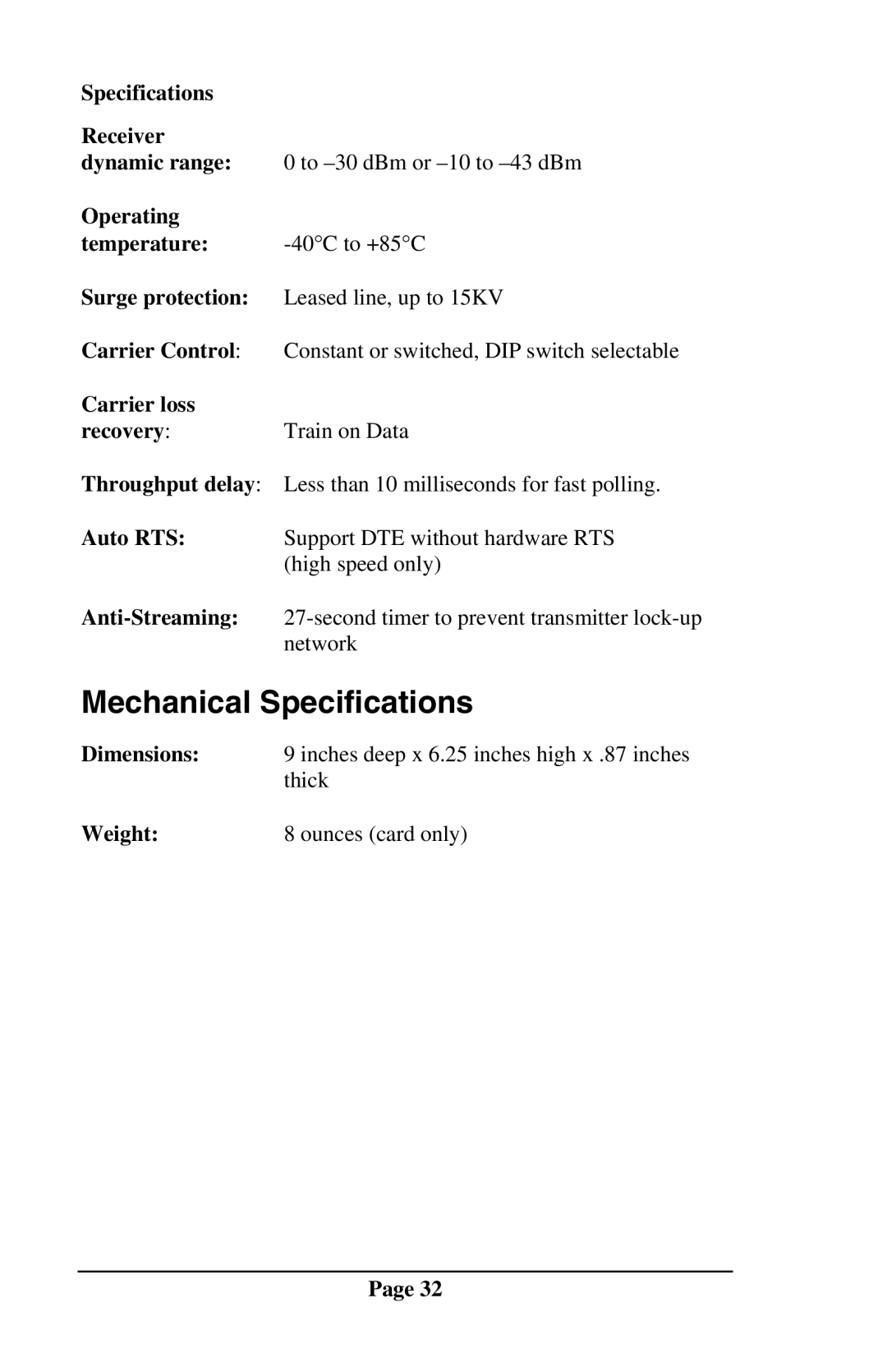 Telenetics DSP9612RM manual Mechanical Specifications 