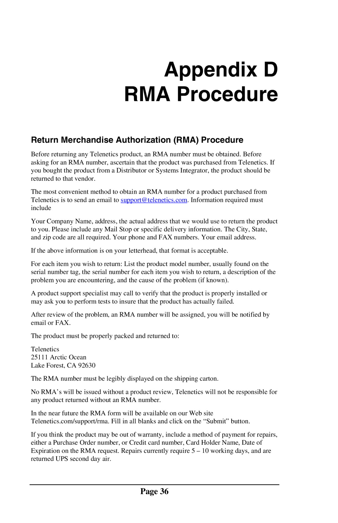 Telenetics DSP9612RM manual Appendix D RMA Procedure, Return Merchandise Authorization RMA Procedure 