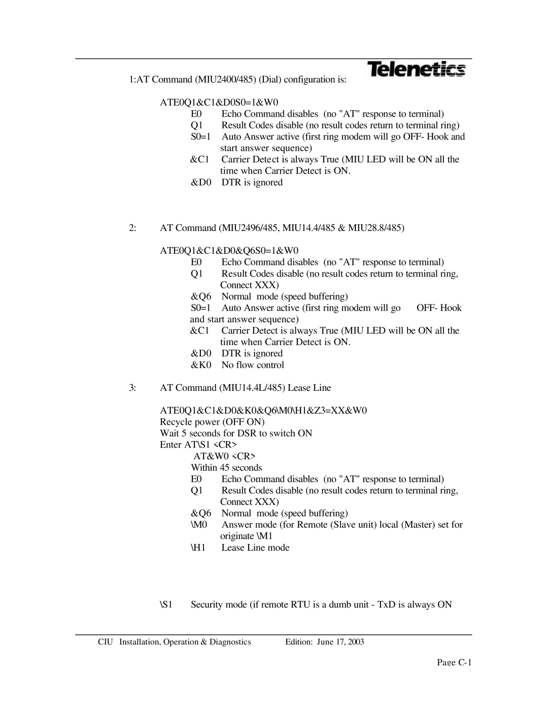 Telenetics MIU Dial or Leased Line modem with RS-485 manual C-1 