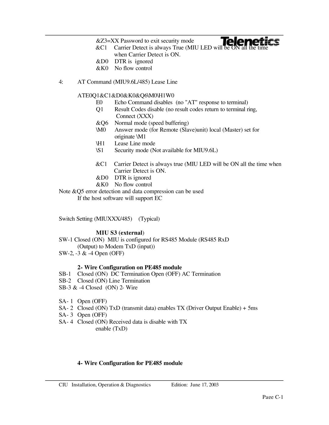 Telenetics MIU Dial or Leased Line modem with RS-485 manual MIU S3 external 