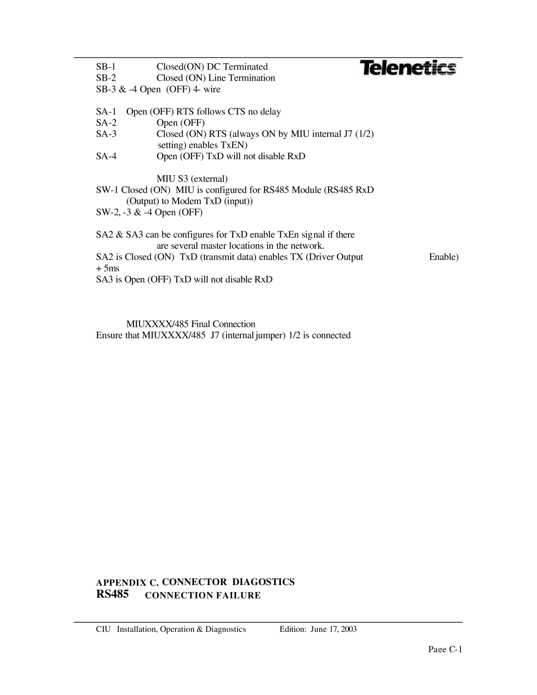 Telenetics MIU Dial or Leased Line modem with RS-485 manual Appendix C. Connector Diagostics, RS485 Connection Failure 