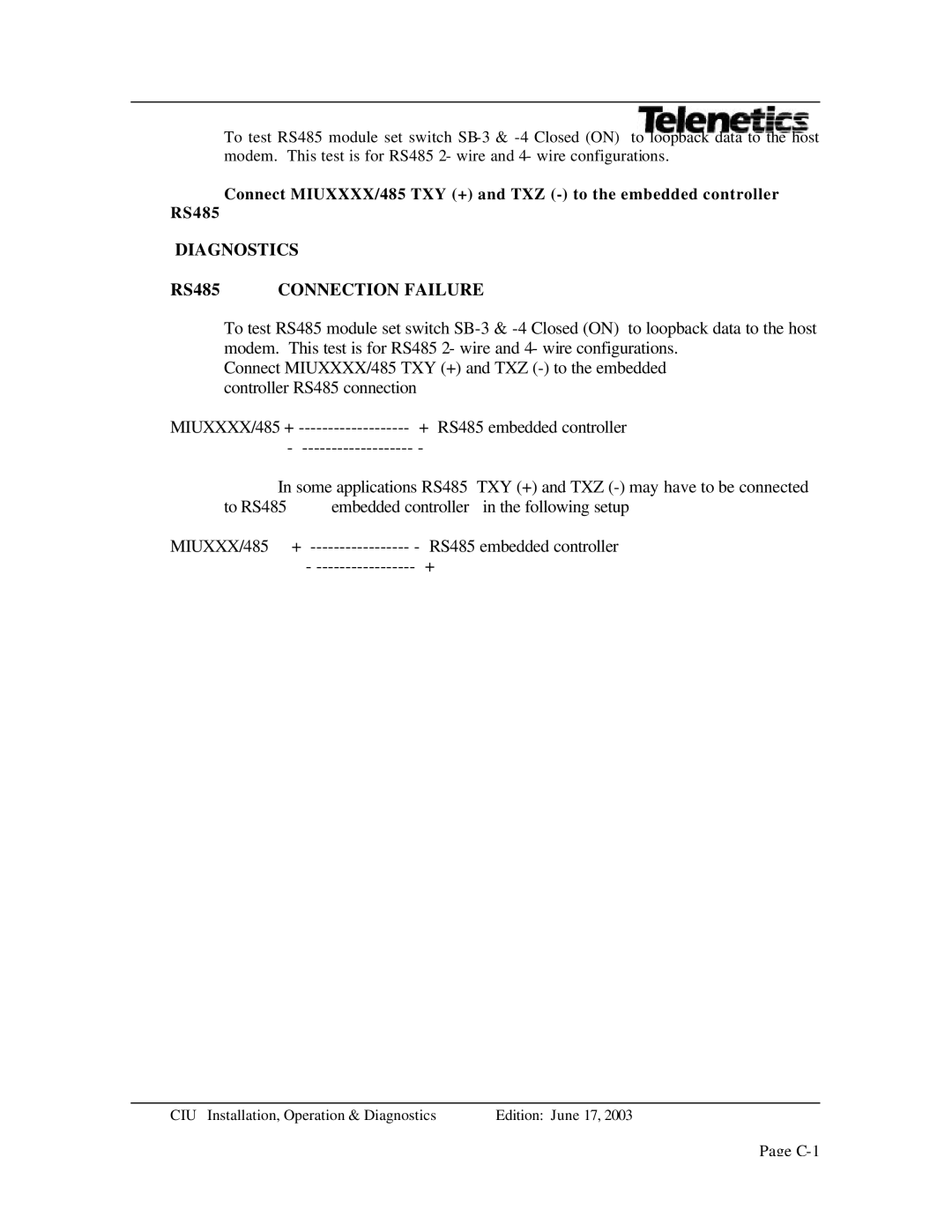 Telenetics MIU Dial or Leased Line modem with RS-485 manual Diagnostics RS485 Connection Failure 