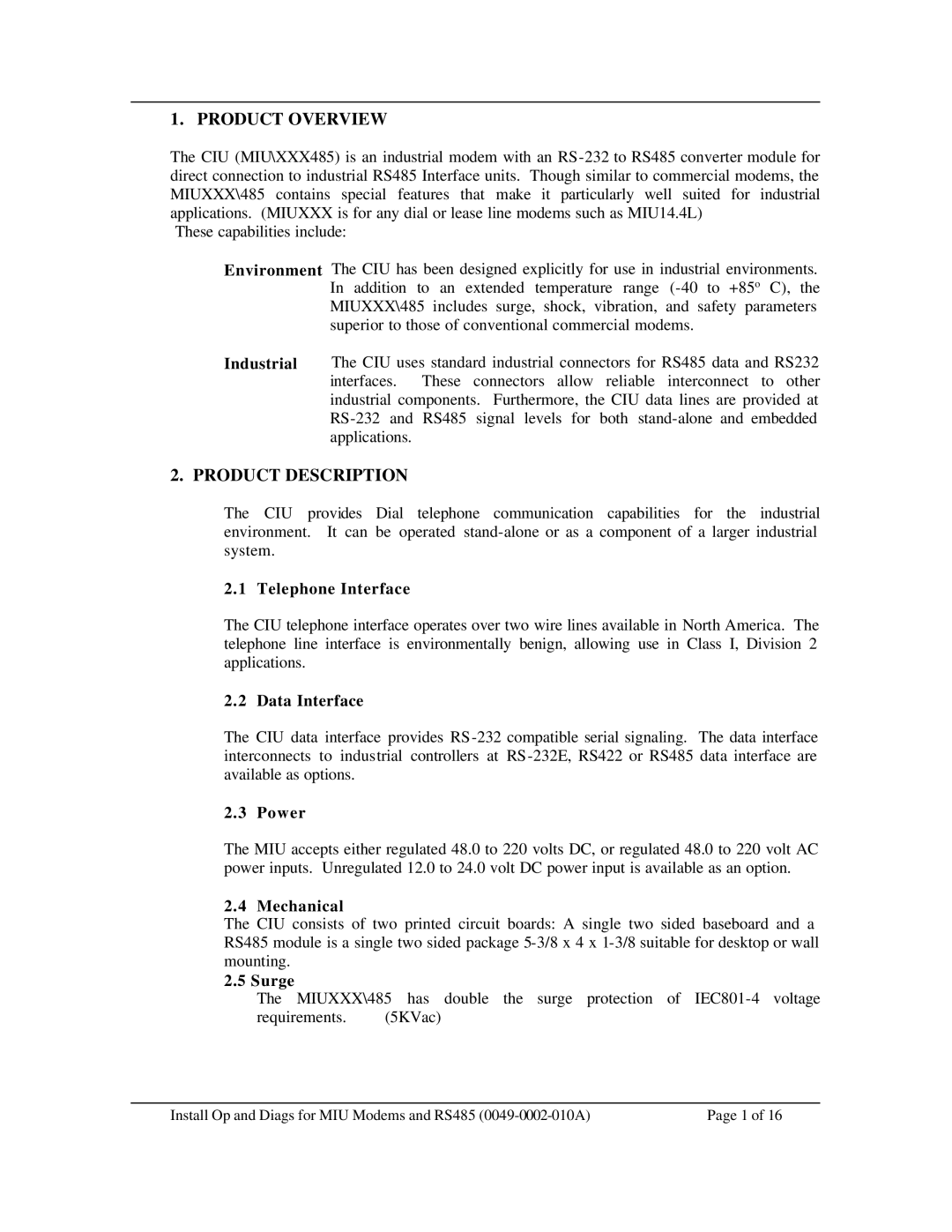 Telenetics MIU Dial or Leased Line modem with RS-485 manual Product Overview, Product Description 