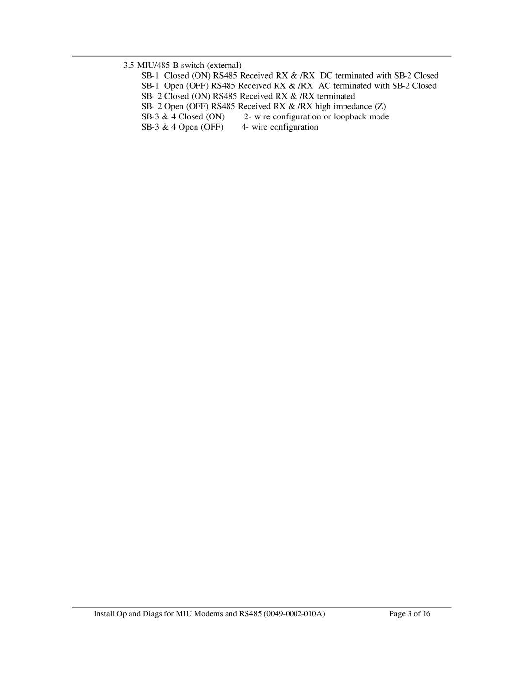 Telenetics MIU Dial or Leased Line modem with RS-485 manual SB-1 Closed on RS485 Received RX & /RX 