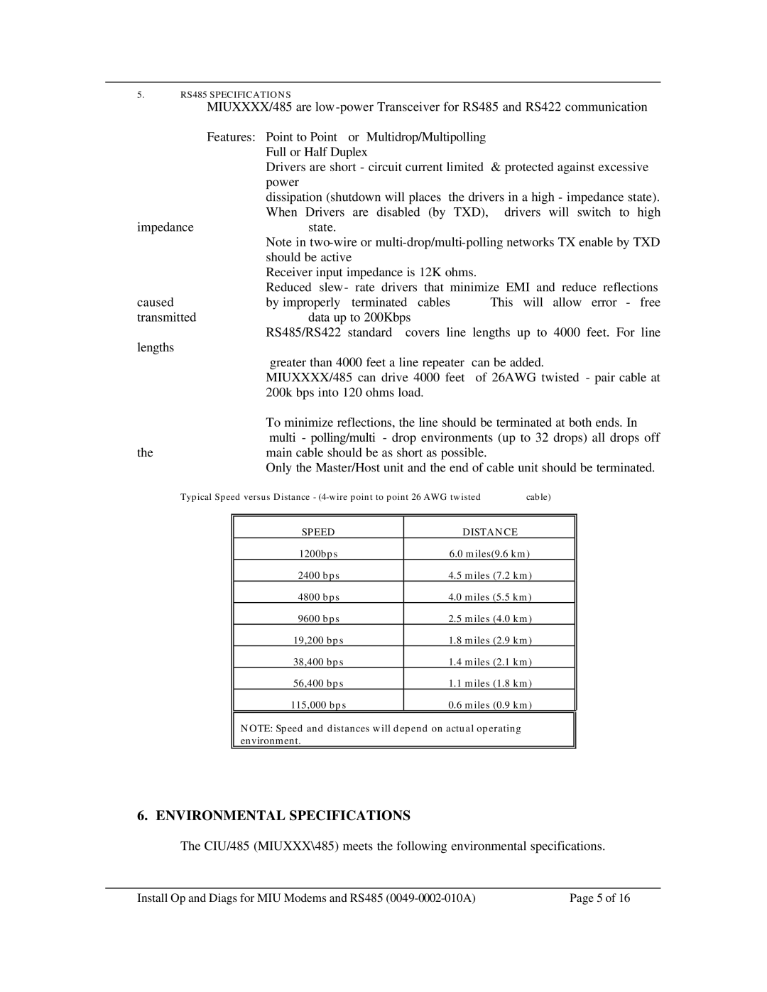 Telenetics MIU Dial or Leased Line modem with RS-485 manual Environmental Specifications, Speed Distance 