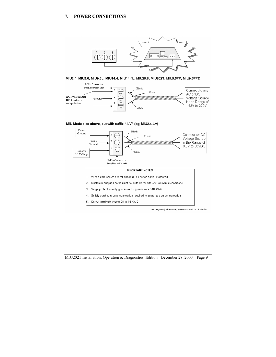 Telenetics MIU202T Modem manual Power Connections 