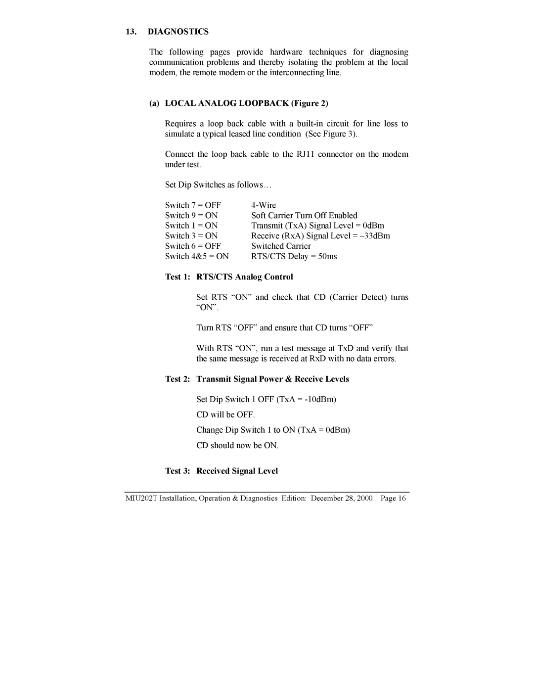 Telenetics MIU202T Modem manual Local Analog Loopback Figure, Test 1 RTS/CTS Analog Control, Test 3 Received Signal Level 