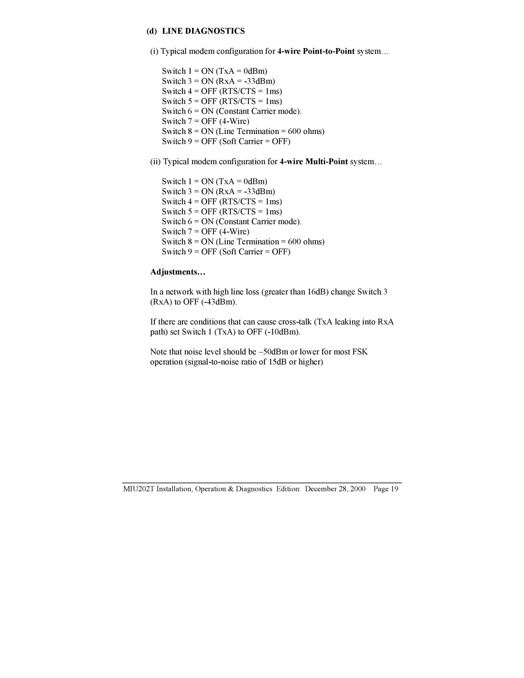 Telenetics MIU202T Modem manual Line Diagnostics, Adjustments… 