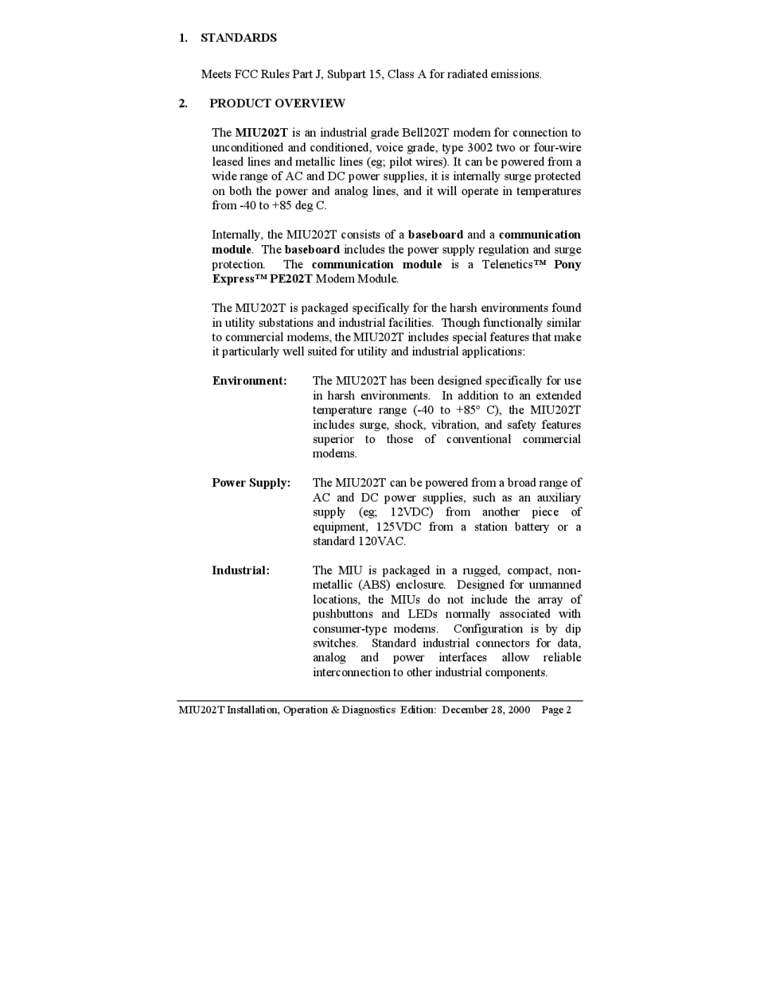 Telenetics MIU202T Modem manual Standards 