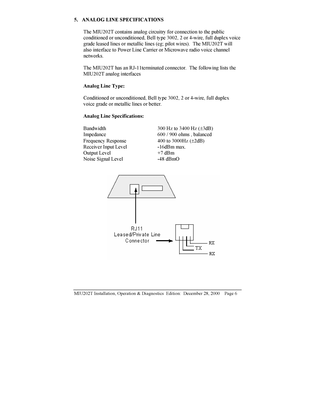 Telenetics MIU202T Modem manual Analog Line Type, Analog Line Specifications 