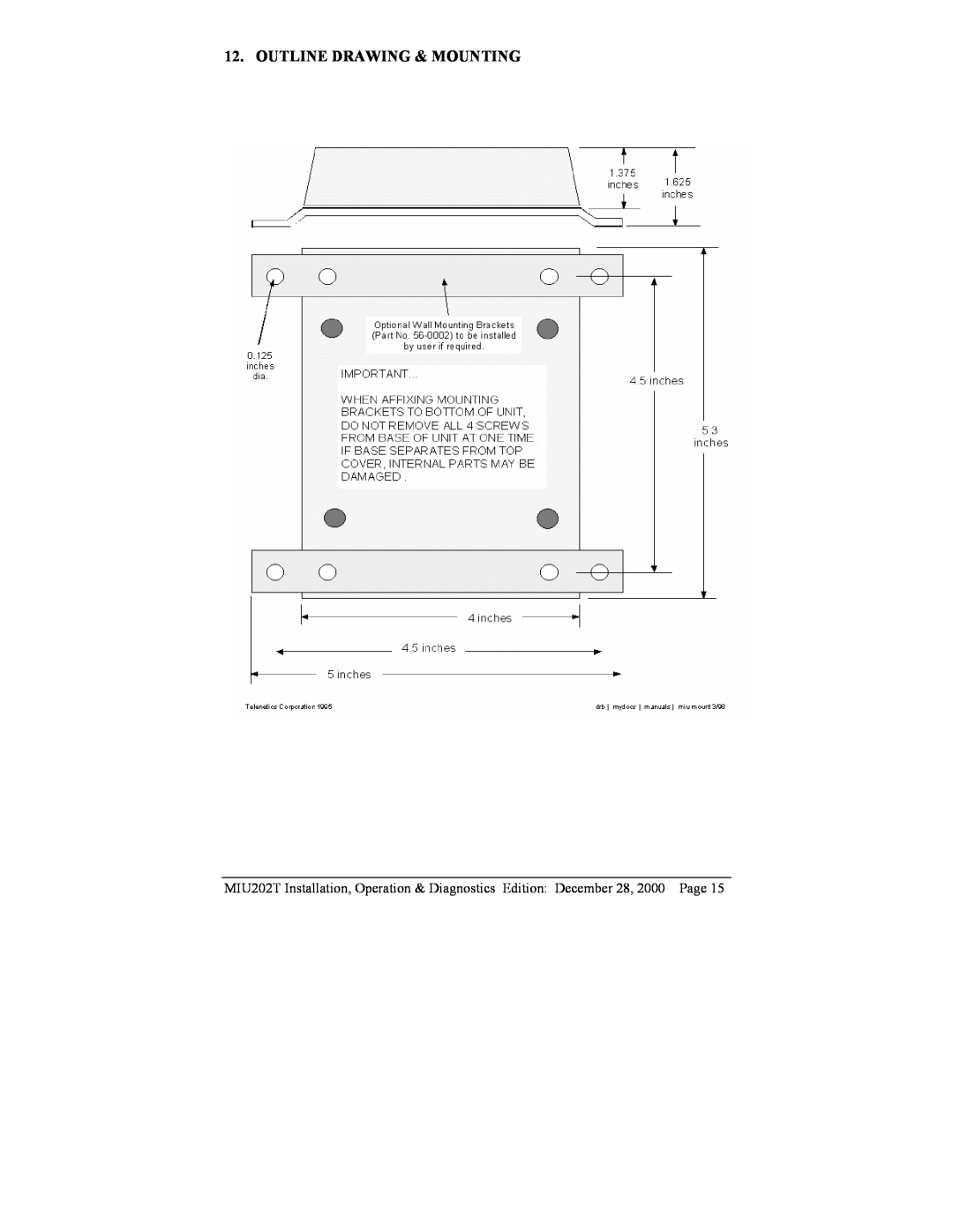 Telenetics MIU202T Modem manual Outline Drawing & Mounting 