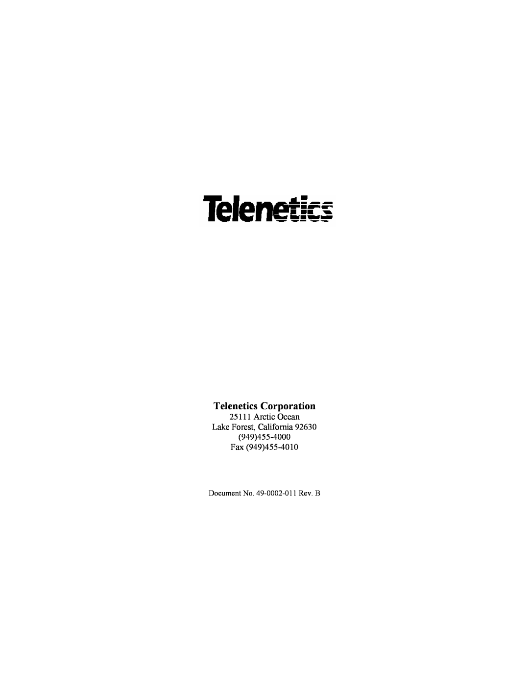 Telenetics MIU202T Modem manual Telenetics Corporation, Arctic Ocean Lake Forest, California 949455-4000 Fax 