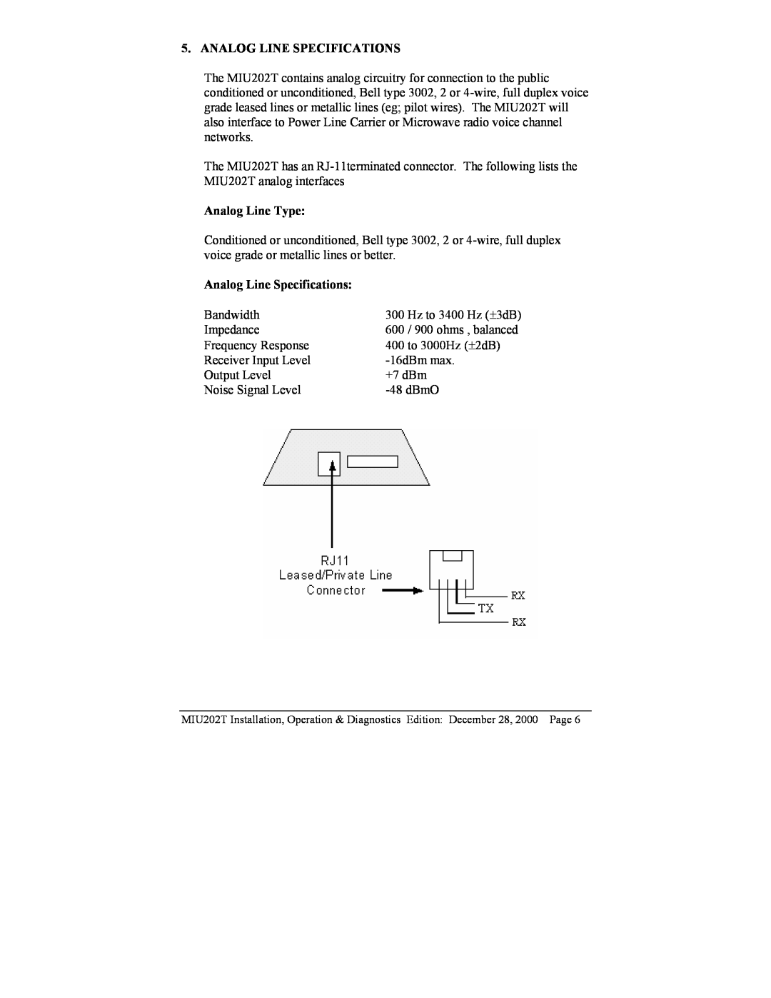 Telenetics MIU202T Modem manual Analog Line Specifications, Analog Line Type 