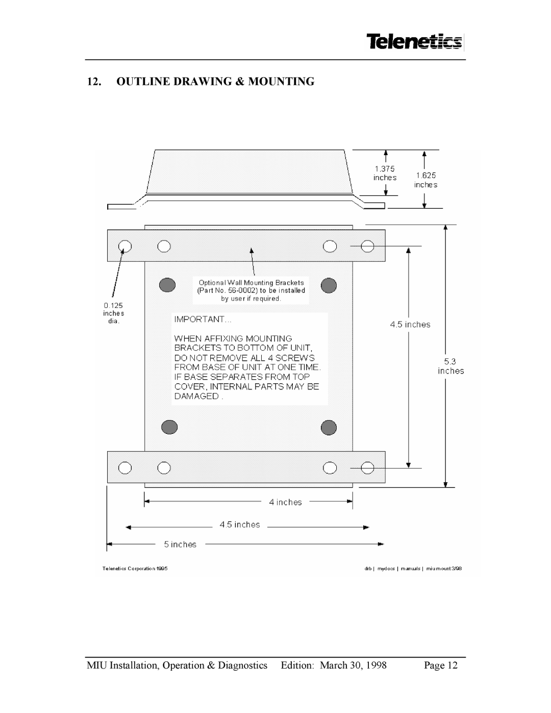 Telenetics MIU2.4 manual Outline Drawing & Mounting 