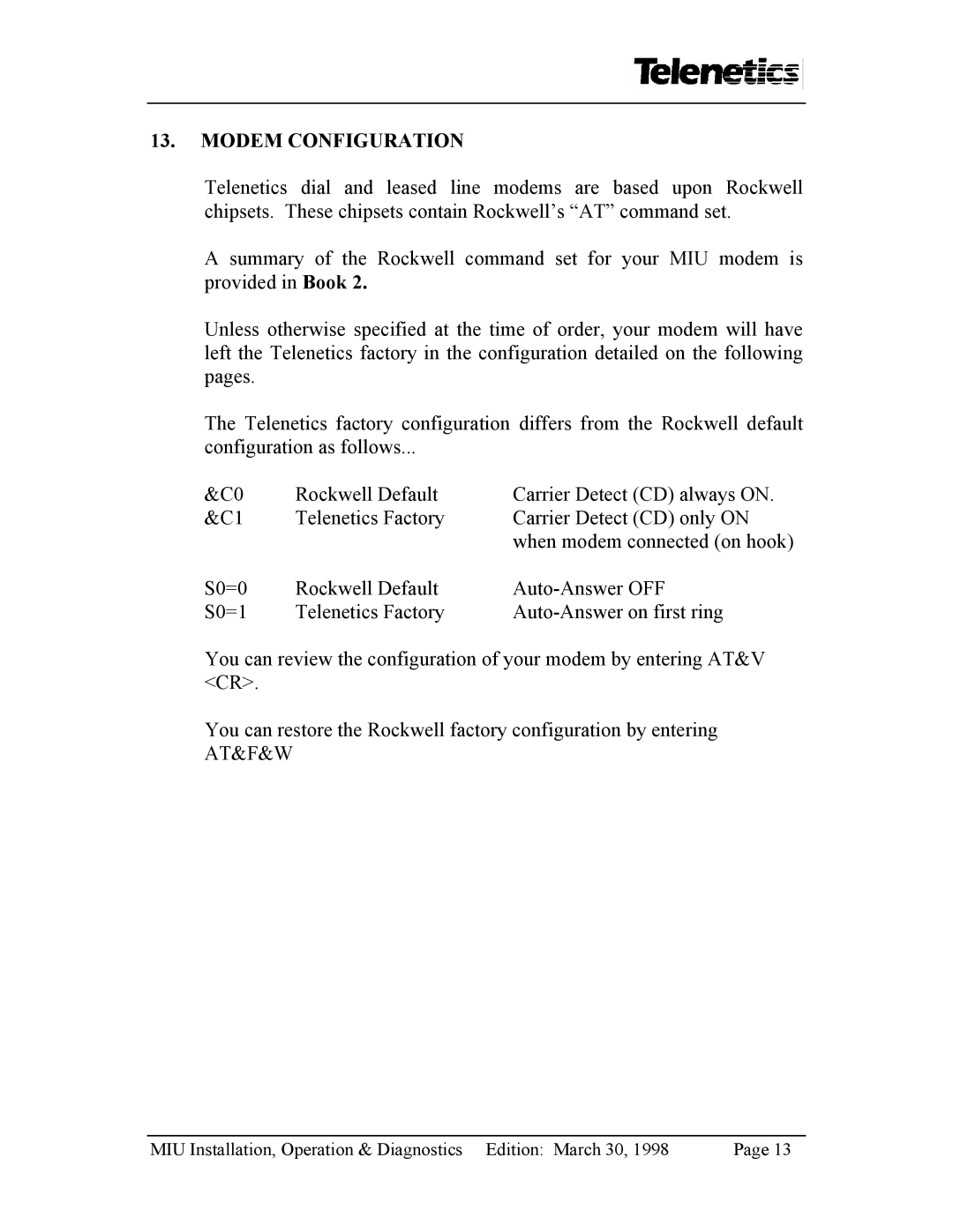 Telenetics MIU2.4 manual Modem Configuration 