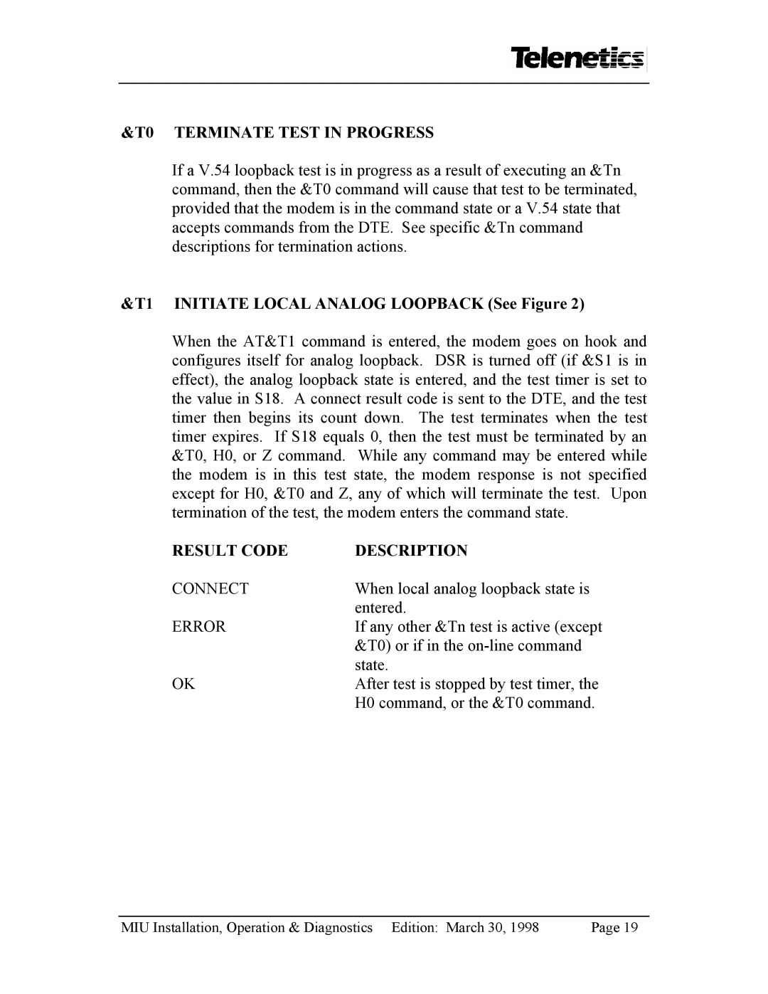 Telenetics MIU2.4 T0 Terminate Test in Progress, T1 Initiate Local Analog Loopback See Figure, Result Code Description 