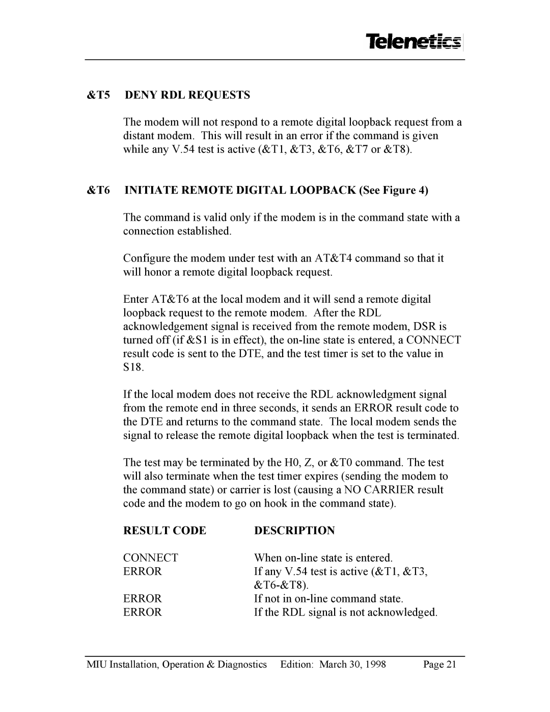 Telenetics MIU2.4 manual T5 Deny RDL Requests, T6 Initiate Remote Digital Loopback See Figure 