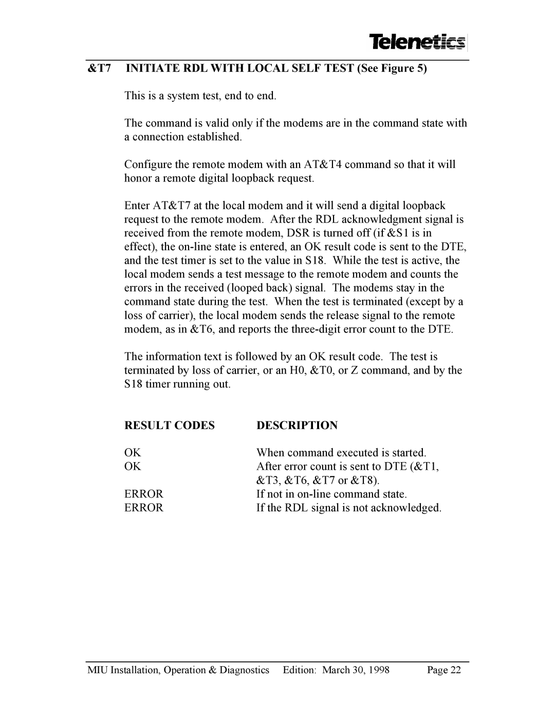 Telenetics MIU2.4 manual T7 Initiate RDL with Local Self Test See Figure, Result Codes Description 