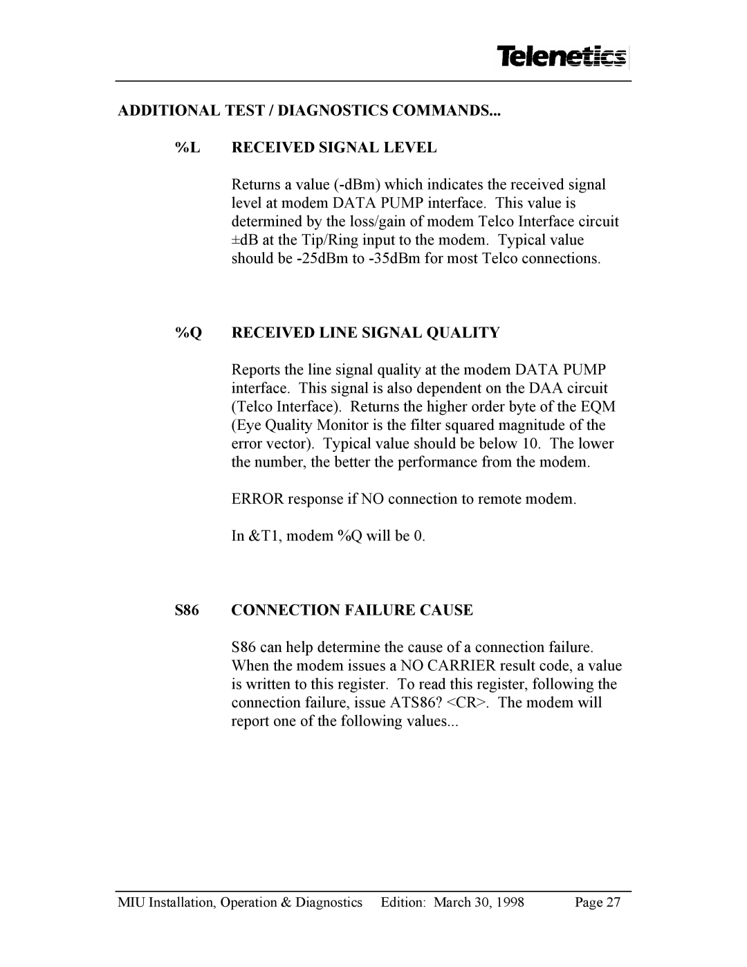 Telenetics MIU2.4 manual Received Line Signal Quality, S86 Connection Failure Cause 