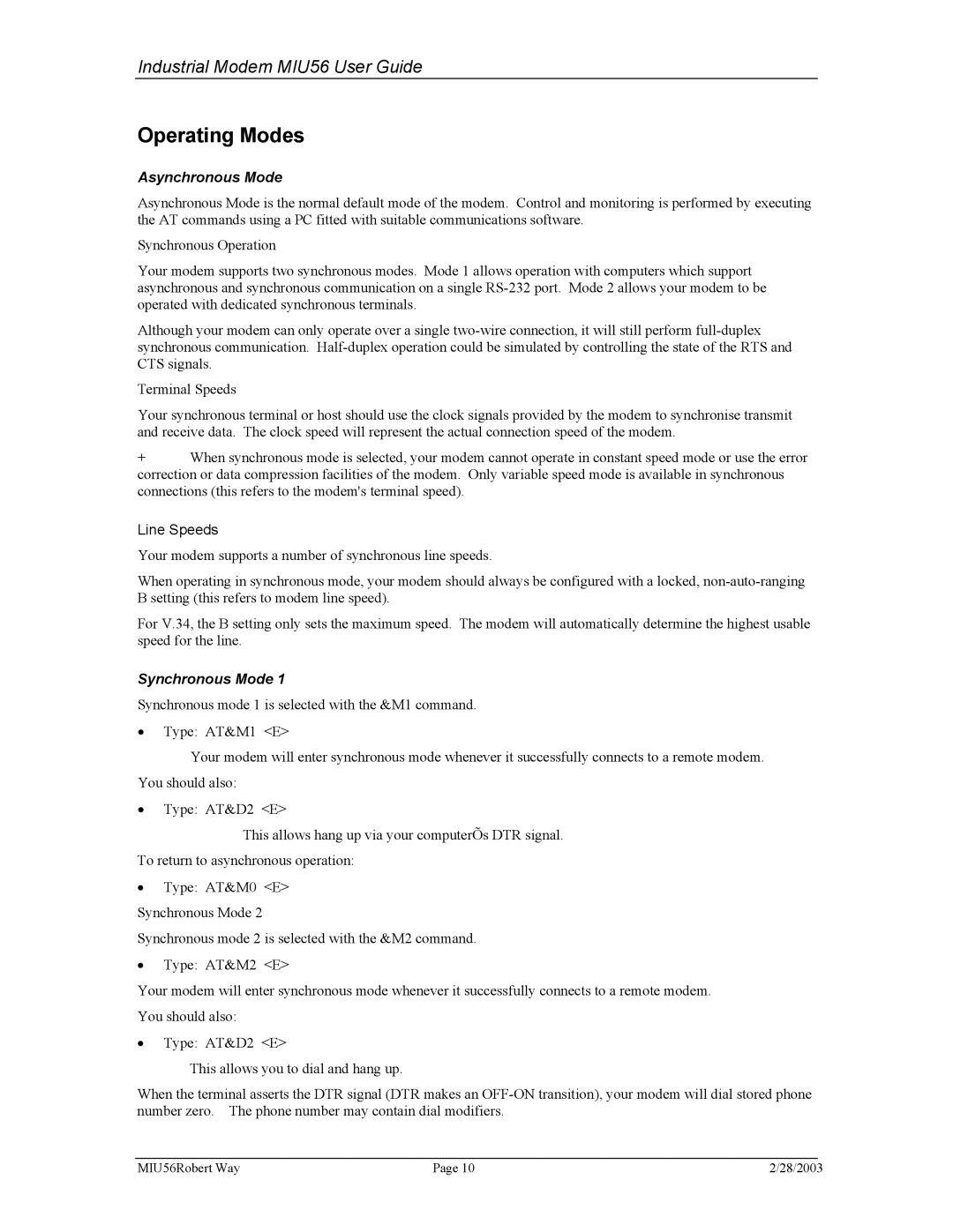 Telenetics MIU56 manual Operating Modes, Asynchronous Mode, Line Speeds, Synchronous Mode 